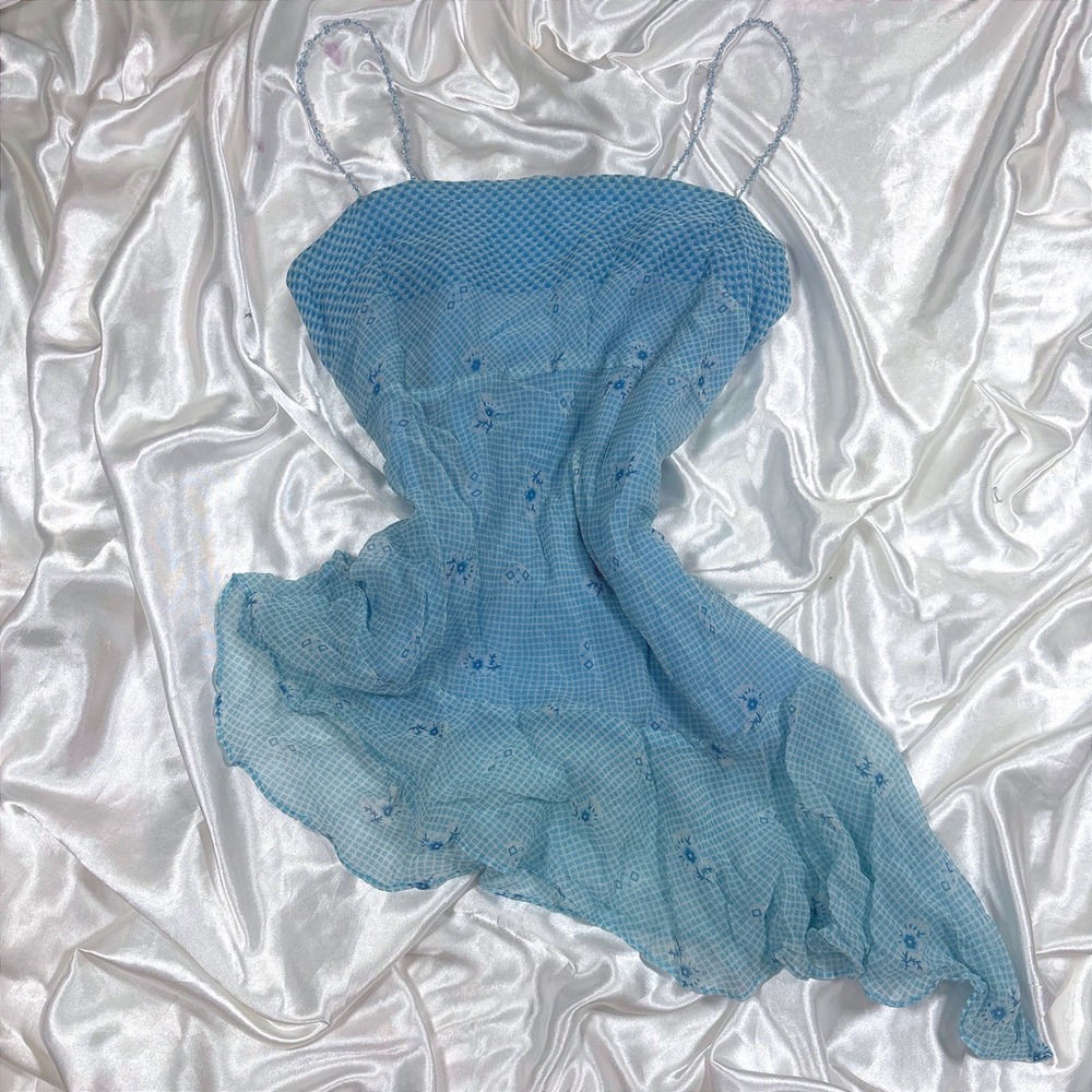 y2k silk cami Blue Excellent Beaded Strap Ruffle Hem Floral Geometric Chiffon